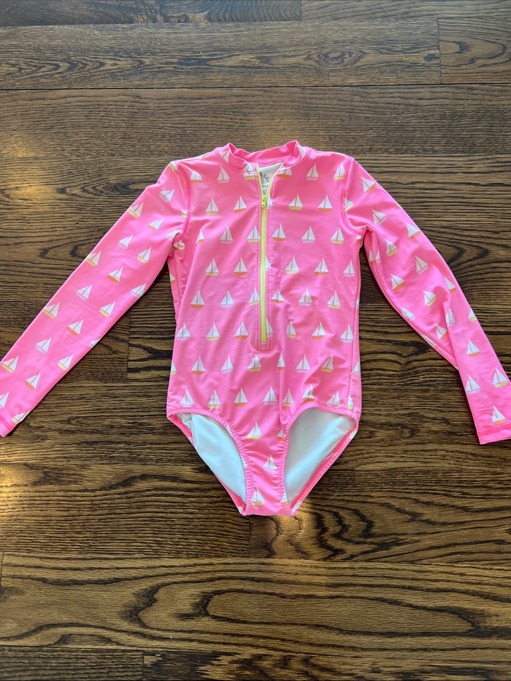 Primary Pink Long Sleeve Sailboat Rashguard bathing suit.